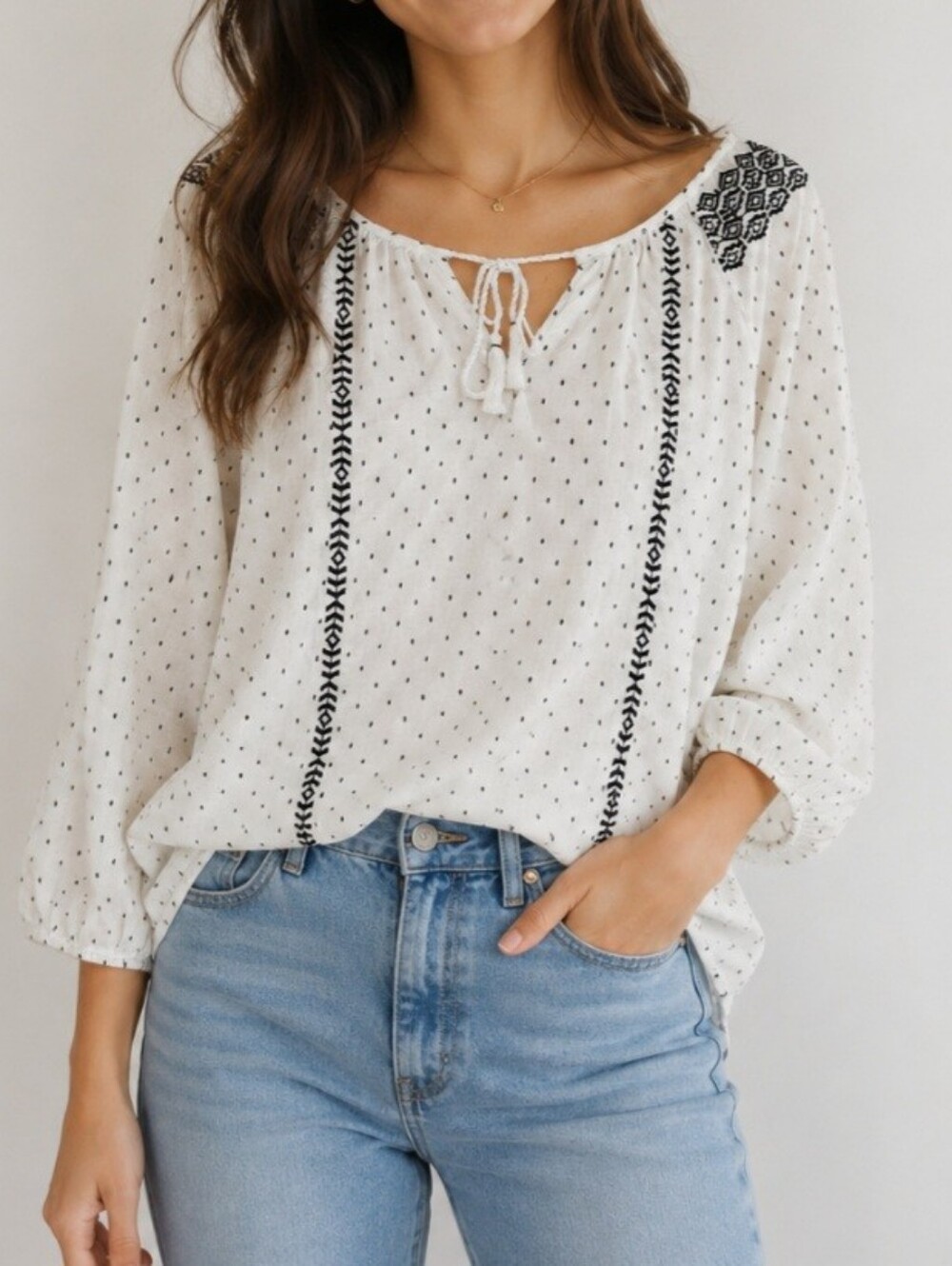 J.crew cotton cottagecore embroidered blouse boho peasant tassled size XL